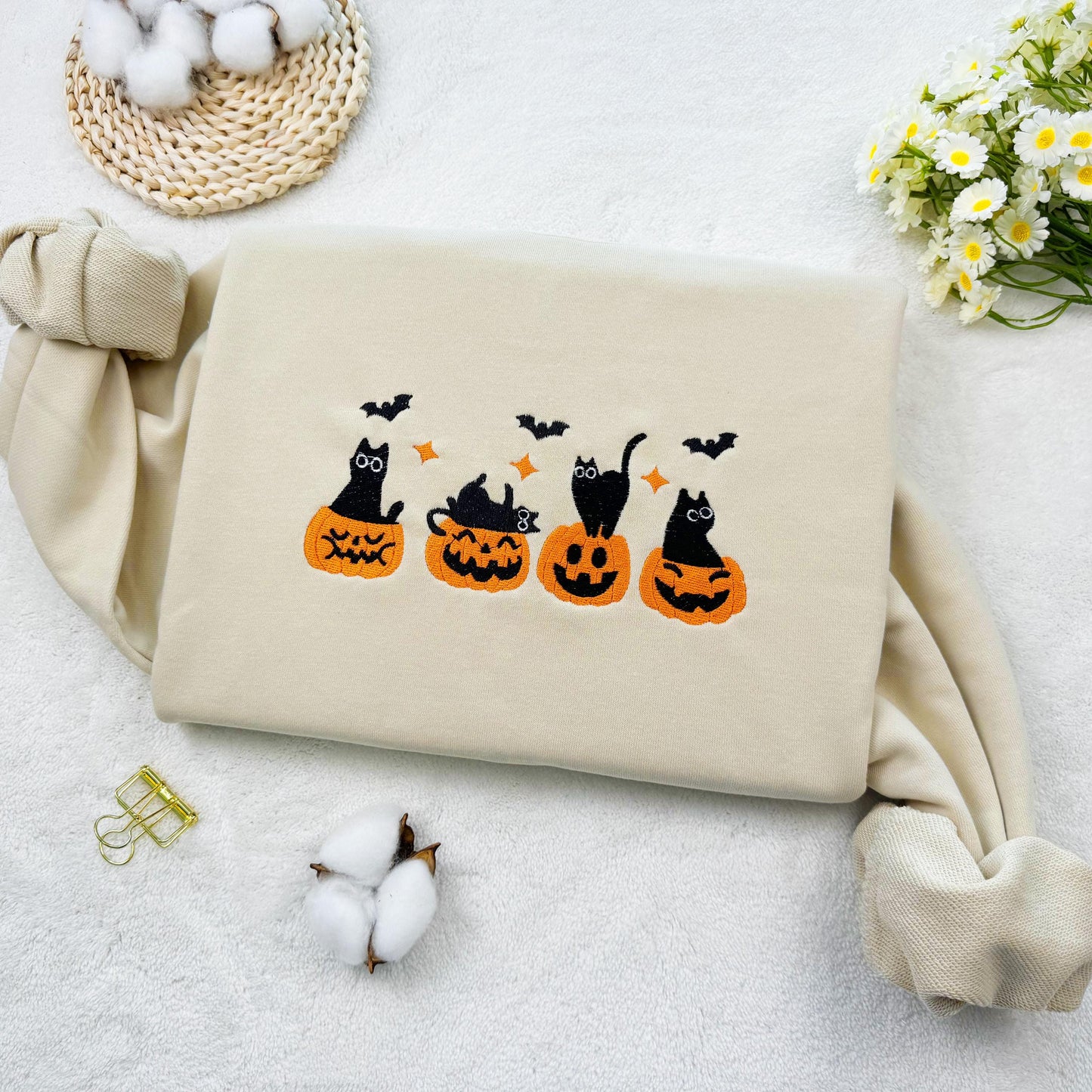 Embroidered Cat Play Pumpkin Sweatshirt, Halloween Pumpkin Embroidered Sweatshirt, Oversized Crew Neck Sweatshirt or Hoodie, Unisex T-shirt