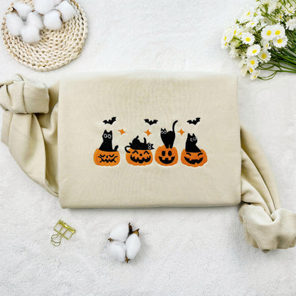 Embroidered Cat Play Pumpkin Sweatshirt, Halloween Pumpkin Embroidered Sweatshirt, Oversized Crew Neck Sweatshirt or Hoodie, Unisex T-shirt