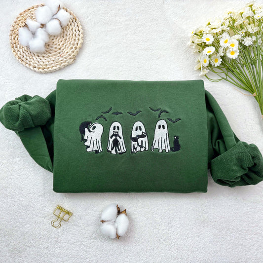 Cute Ghost Hug Cat Halloween Embroidered Sweatshirt, Halloween Pumpkin Embroidered Sweatshirt, Oversized Crew Neck Sweatshirt or Hoodie