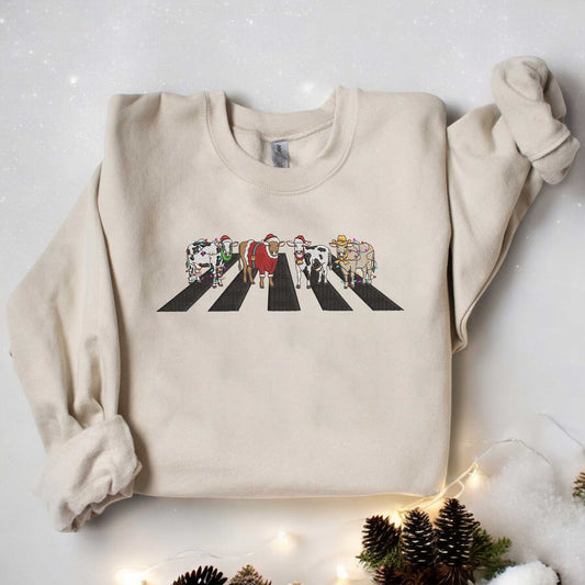 Embroidered Christmas Cow Sweatshirt Cow Lover Gift, Funny Christmas Shirt, Holiday Sweater, Farm Christmas Shirt, Christmas Gift, Xmas Gift