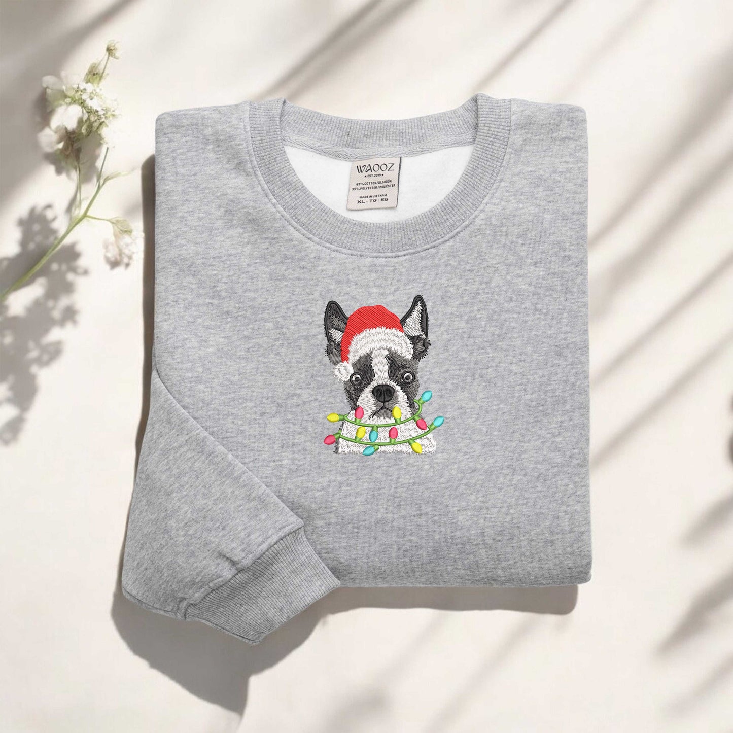 Embroidered Boston Terrier Santa Sweatshirt Christmas Dog Sweatshirt Santa Dog Sweatshirt Dog Lover Embroidered Sweatshirt Holiday Gifts