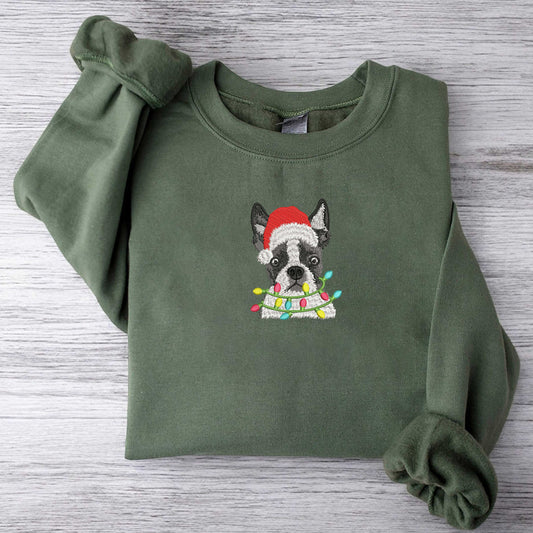 Embroidered Boston Terrier Santa Sweatshirt Christmas Dog Sweatshirt Santa Dog Sweatshirt Dog Lover Embroidered Sweatshirt Holiday Gifts