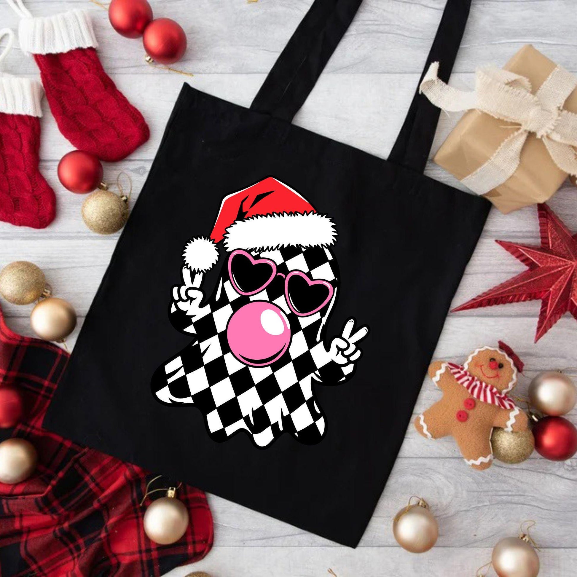 Funny Christmas Ghost Tote Bag, Xmas Ghost with Santa Hat & Peace Sign Tote Bag, Christmas Gift Bag, Xmas Vacation Tote Bag, Gift Tote Bag