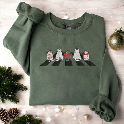 Cute Cat Christmas Sweatshirt Embroidered Cat Lover Gift For Christmas Womens Christmas Sweatshirt Cat Mommy Sweatshirt Xmas Gift