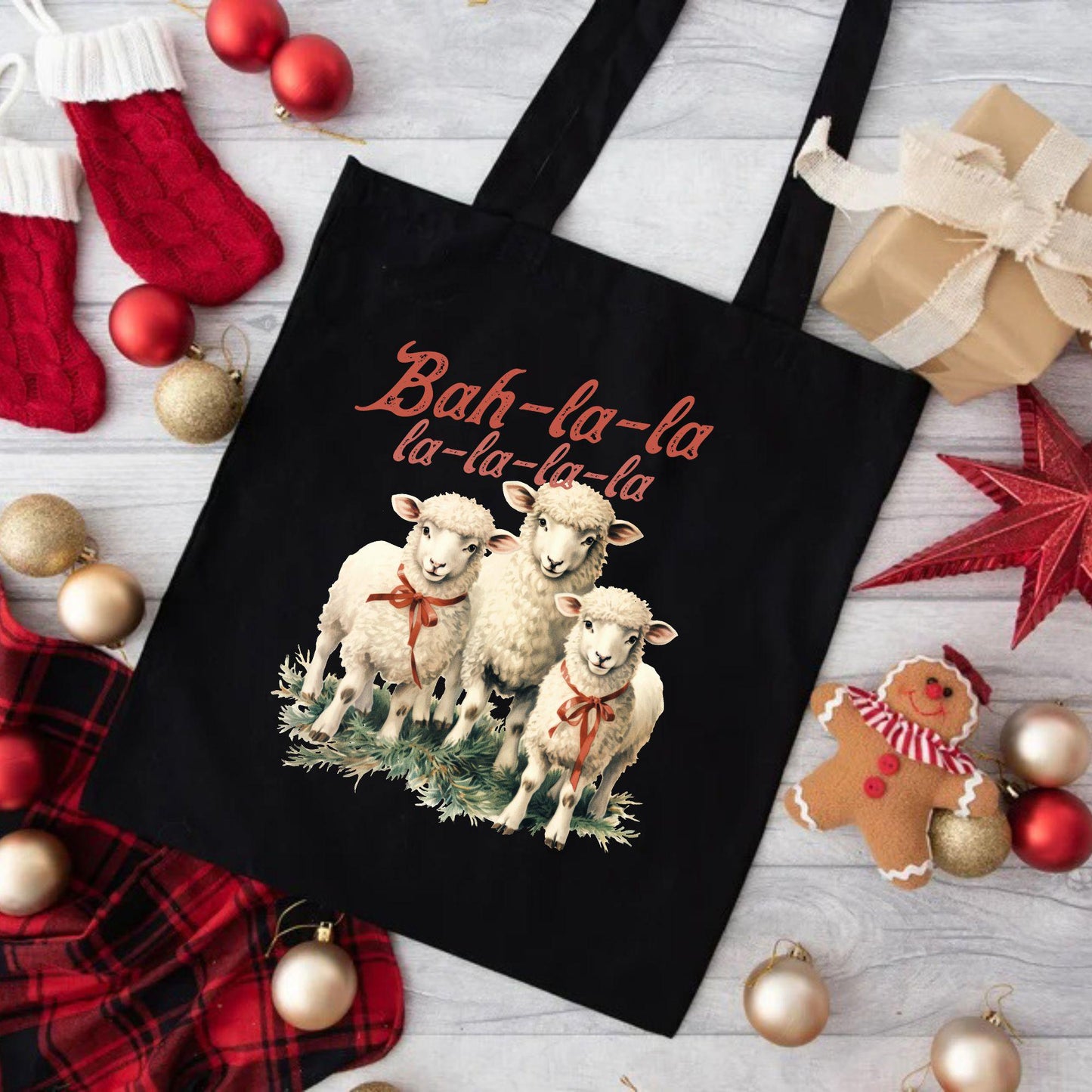 Funny Christmas Sheep Tote Bag, Christmas Cute Bah La La Tote Bag, Holiday Bag, Christmas Gift Bag, Xmas Vacation Tote Bag, Gift Tote Bag