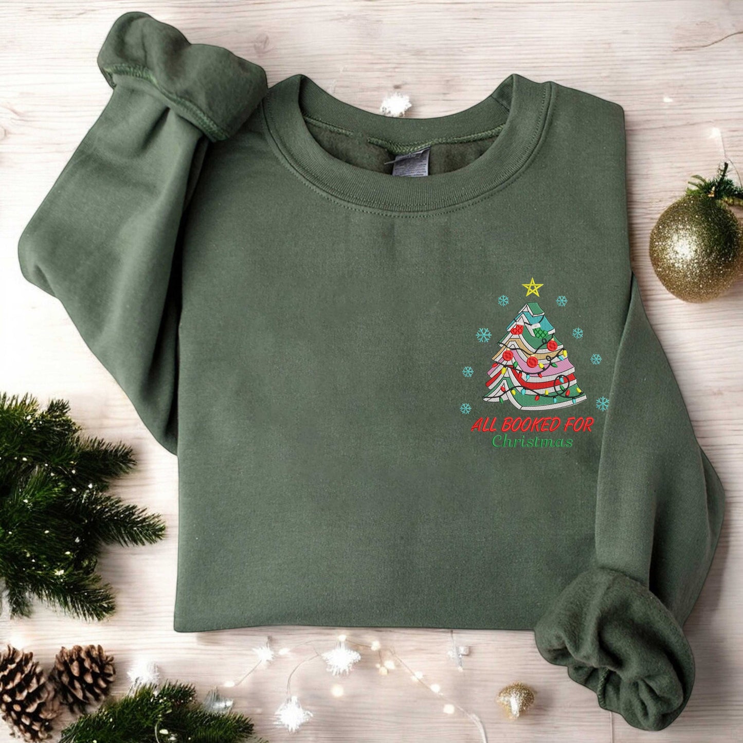 Embroidered Book Tree Christmas Sweater All Booked For Christmas Sweatshirt Gift for Book Lover, Gift For Teachers Librarian Teacher Bookish