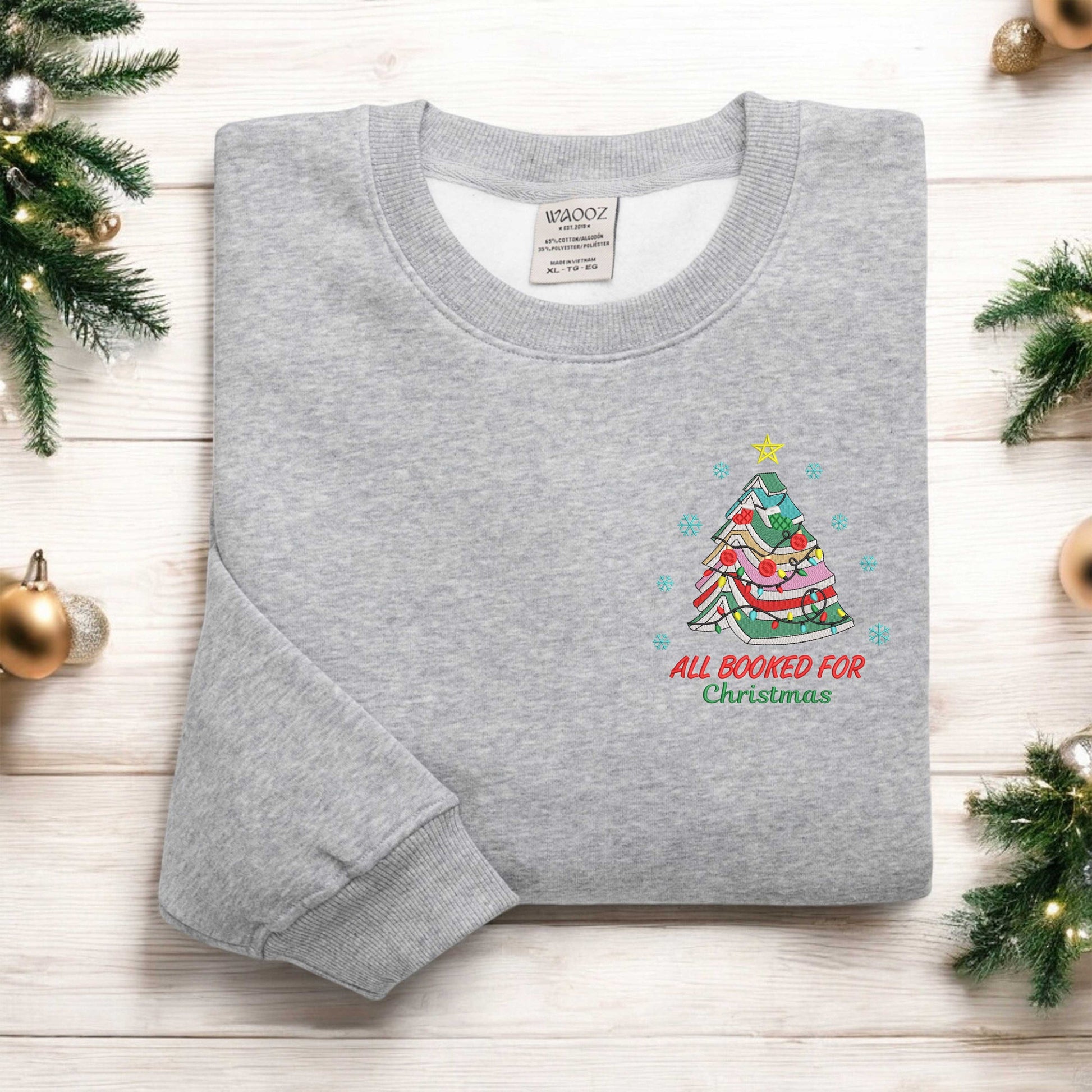 Embroidered Book Tree Christmas Sweater All Booked For Christmas Sweatshirt Gift for Book Lover, Gift For Teachers Librarian Teacher Bookish