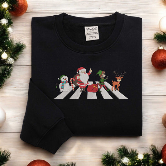 Christmas Embroidered Sweatshirt Xmas Road Funny Christmas Sweatshirt Xmas Walking Across Sweatshirt Retro Santa Claus Sweater Xmas Gift