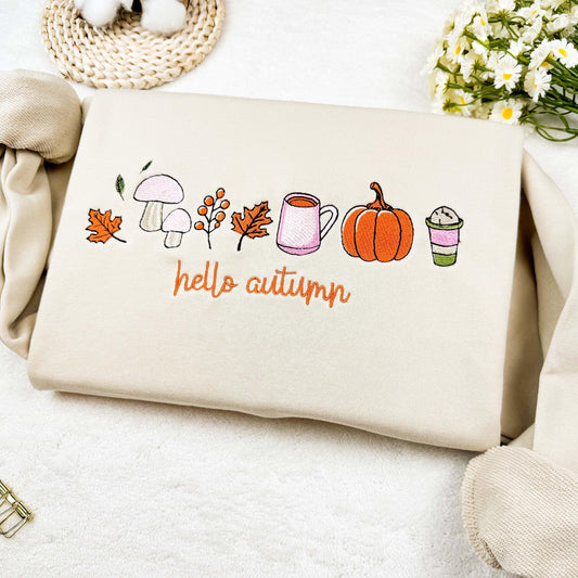 Ice Cream Tea Pumpkin Embroidered Sweatshirt, Hello Autumn Hot Tea Embroidered Hoodie, Oversized Crew Neck Sweatshirt or Hoodie, Unisex