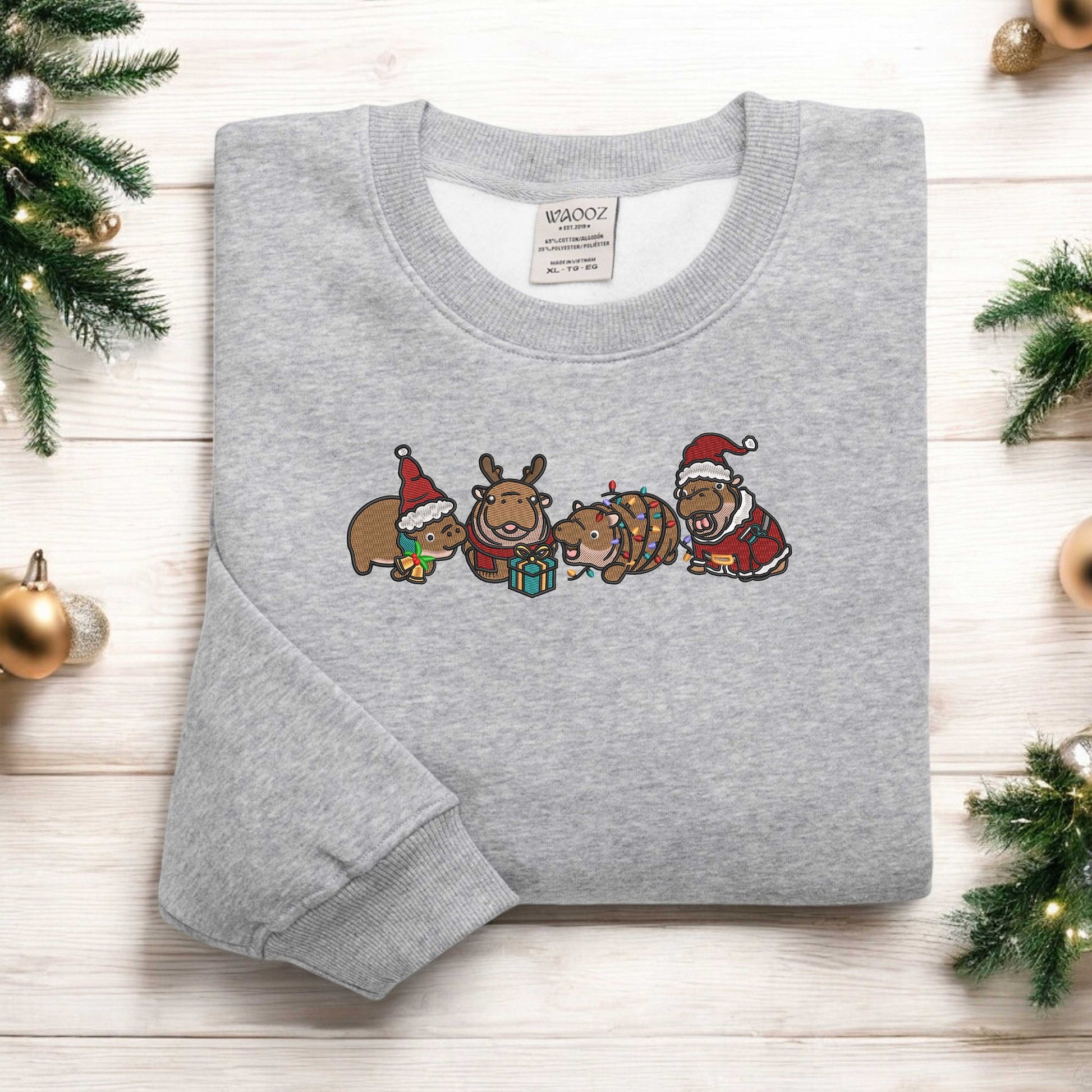 Embroidered Moo Deng Sweatshirt Baby Pygmy Hippo Moo Deng Sweatshirt Moo Deng Christmas Sweater Trendy Christmas Costume Xmas Gift