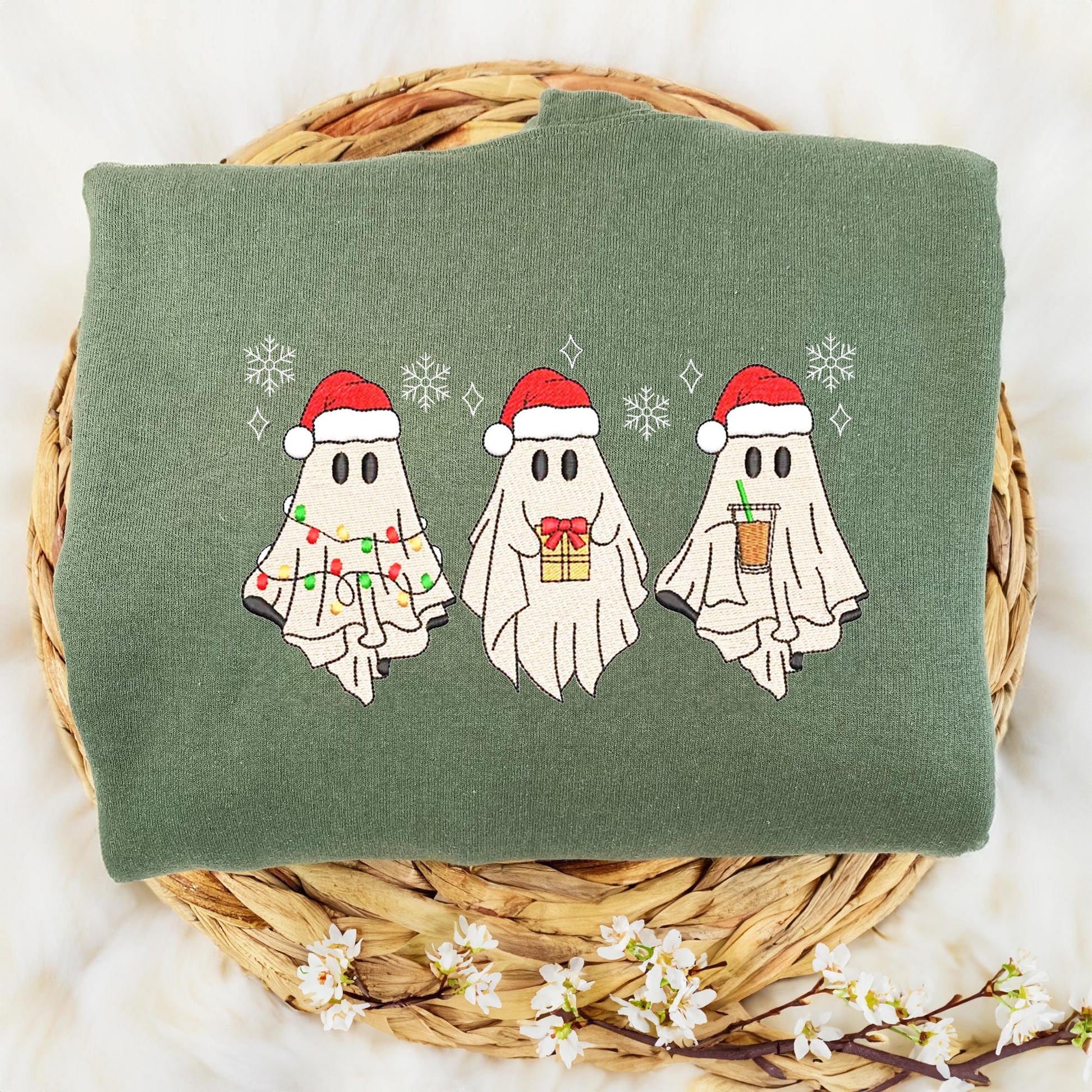 Embroidered Christmas Ghost Sweatshirt, Christmas Party Sweater, Winter Shirt, Spooky Christmas Gift