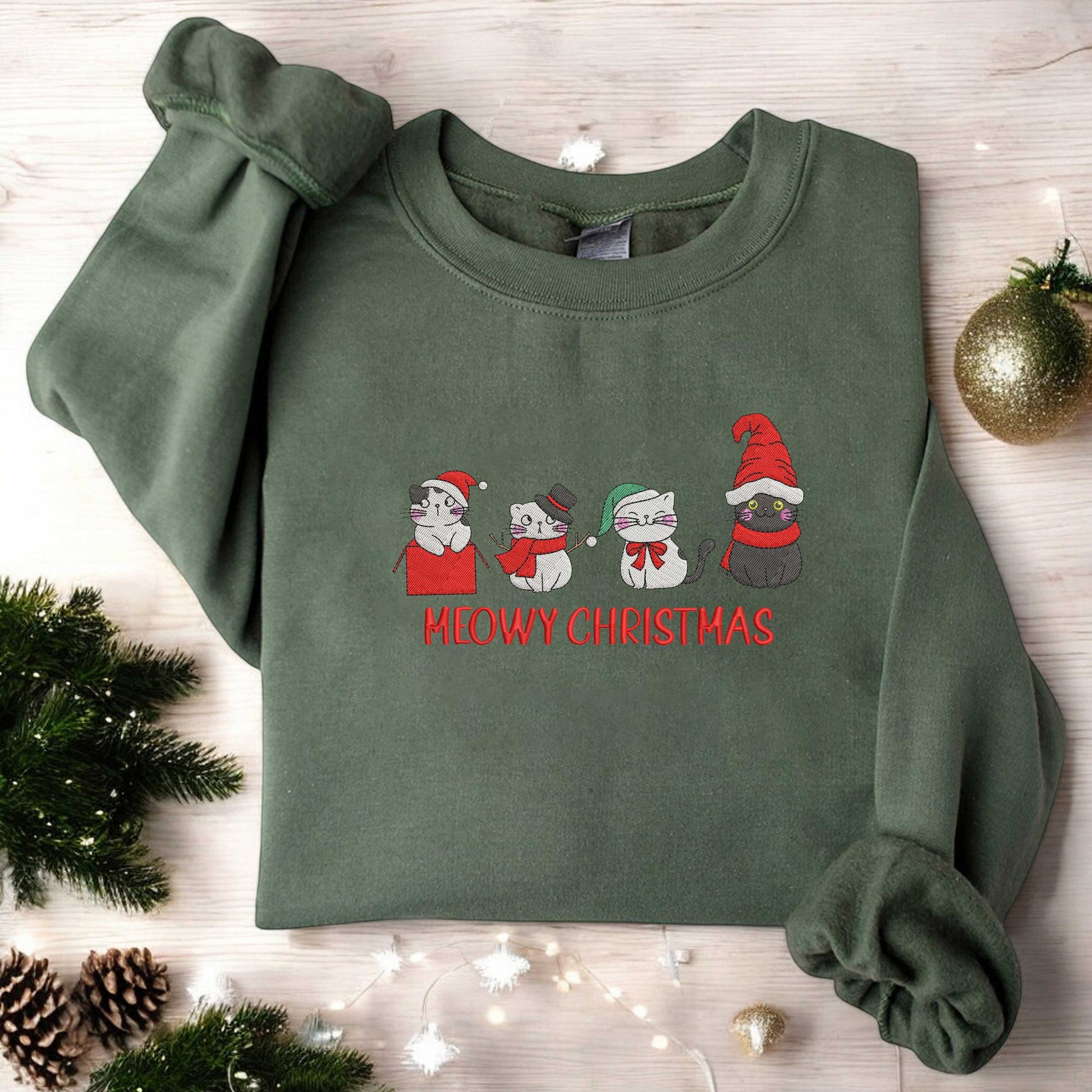 Embroidered Meowy Christmas Sweatshirt Cute Cat Christmas Sweatshirt Cat Lover Gift For Christmas, Womens Christmas Sweatshirt Xmas Gift