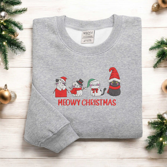 Embroidered Meowy Christmas Sweatshirt Cute Cat Christmas Sweatshirt Cat Lover Gift For Christmas, Womens Christmas Sweatshirt Xmas Gift