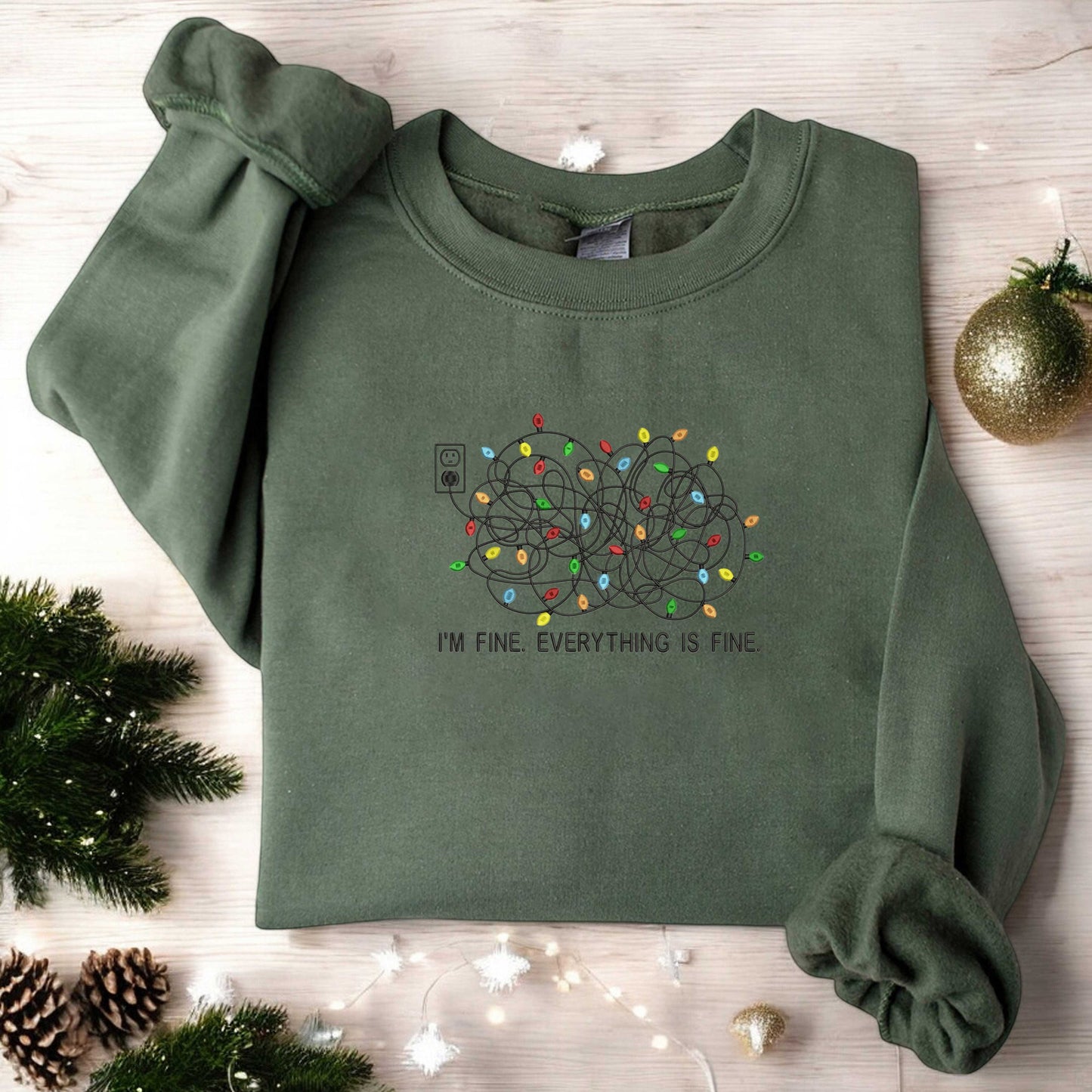 I'm Fine Everything Is Fine Sweatshirt, Christmas Embroidered Sweatshirt, Christmas Sweatshirt, Christmas Lights Sweatshirt, Christmas Gift