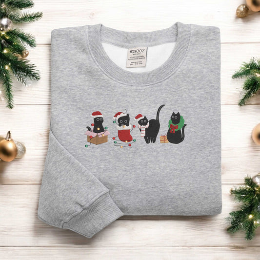 Christmas Cute Cat Embroidered Sweatshirt Funny Christmas Sweatshirt Christmas Cute Cat Sweater Cat Lover Crewneck Sweatshirt Xmas Gift