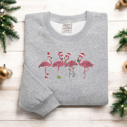 Embroidered Flamingo Sweatshirt Christmas Flamingo Sweatshirt Pink Flamingo Christmas Shirt Christmas Crewneck Gift For Christmas Xmas Gift