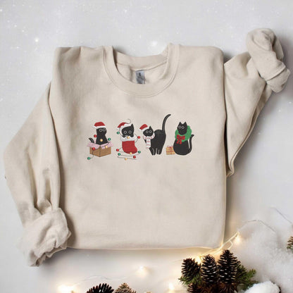 Christmas Cute Cat Embroidered Sweatshirt Embroidered Funny Christmas Sweatshirt Christmas Cute Cat Sweater Cat Lover Gift Christmas Gift