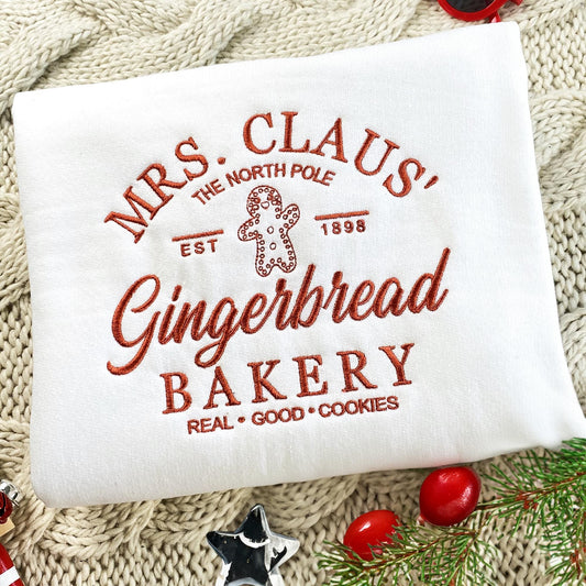 Embroidered Mrs Claus Gingerbread Bakery Christmas Sweatshirt, Custom Christmas Sweater, Holiday Sweater, Christmas Sweater Gift For Friend