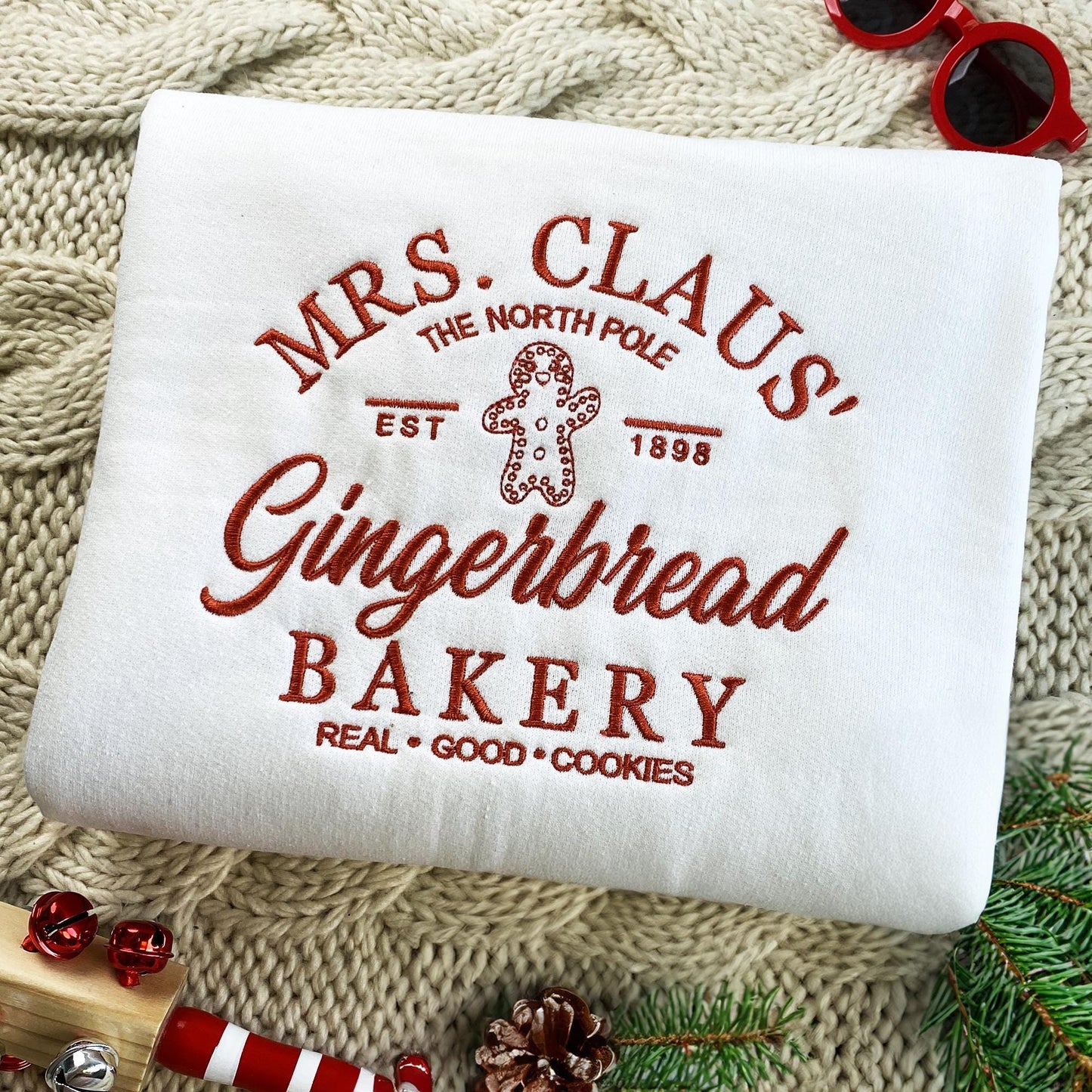 Embroidered Mrs Claus Gingerbread Bakery Christmas Sweatshirt, Custom Christmas Sweater, Holiday Sweater, Christmas Sweater Gift For Friend