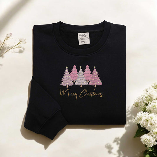 Pink Tree Christmas Sweater Christmas Embroidered Sweater Christmas Crewneck Christmas Tree Sweatshirt Womens Christmas Sweatshirt