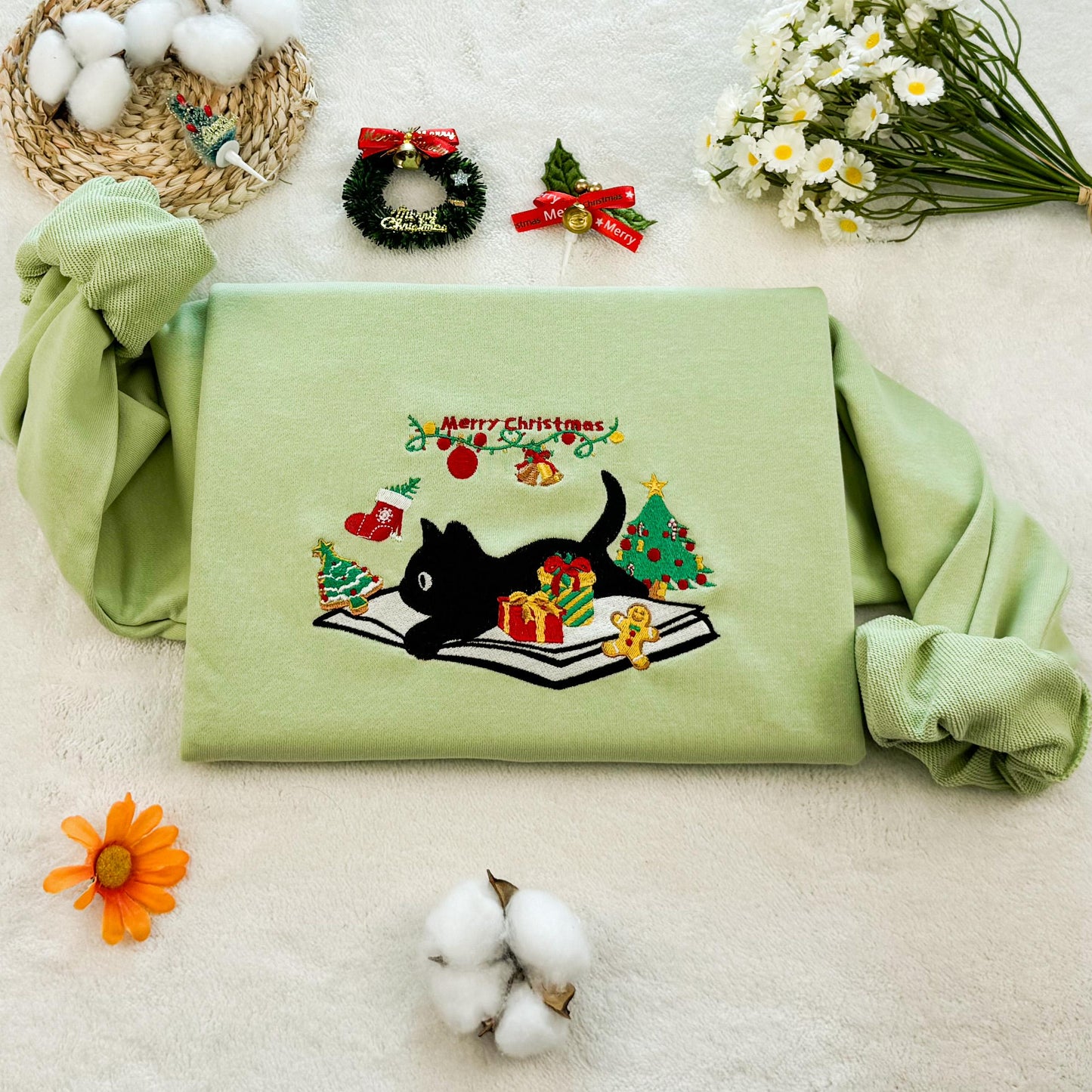 Christmas Cat Book Embroidered Sweatshirt, Cute Cat Embroidered Hoodie, Cat Lover Embroidered Sweater, Unisex Crew Neck Sweatshirt