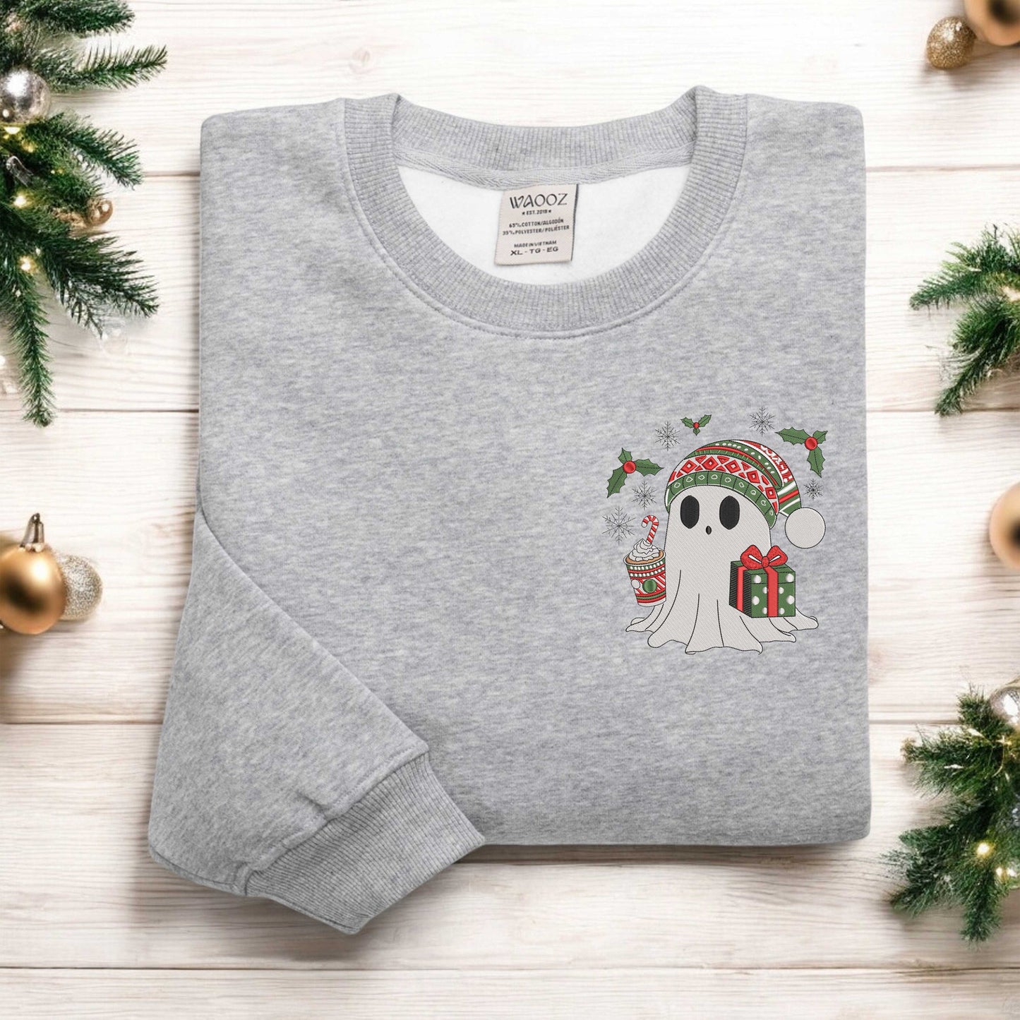 Christmas Cute Ghost Embroidered Sweatshirt Christmas Sweatshirt Cute Ghost Coffee Sweatshirt Christmas Ghost Tees Holiday Sweater Xmas Gift