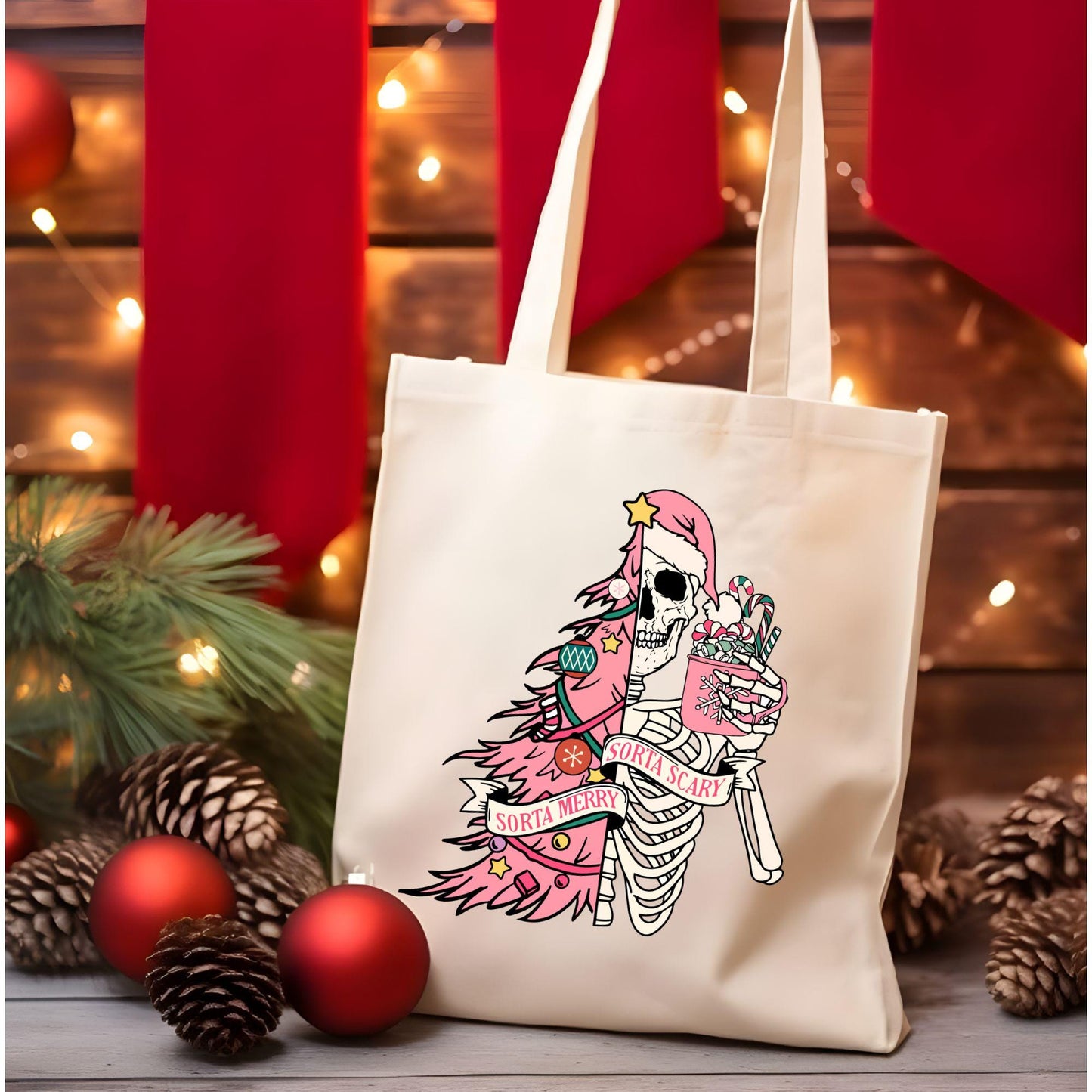 Christmas Skeleton Sorta Merry Sorta Scary Tote Bag, Christmas Funny Tote Bag, Holiday Bag, Christmas Gift Bag, Christmas Gift Tote Bag