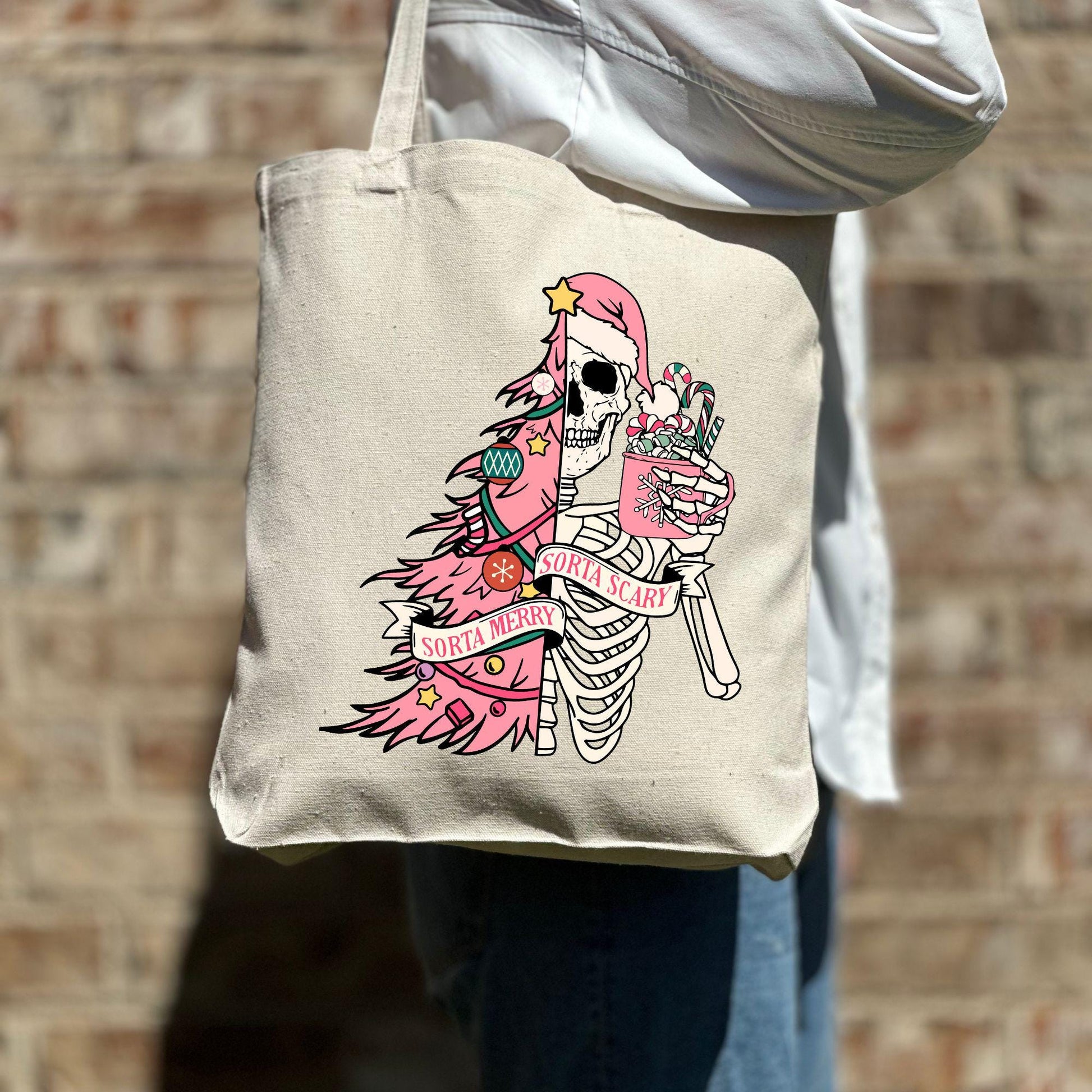 Christmas Skeleton Sorta Merry Sorta Scary Tote Bag, Christmas Funny Tote Bag, Holiday Bag, Christmas Gift Bag, Christmas Gift Tote Bag