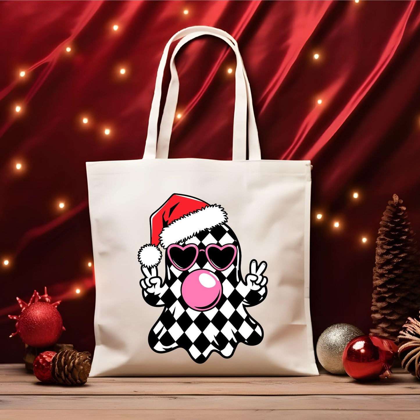 Funny Christmas Ghost Tote Bag, Xmas Ghost with Santa Hat & Peace Sign Tote Bag, Christmas Gift Bag, Xmas Vacation Tote Bag, Gift Tote Bag