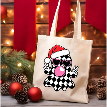 Funny Christmas Ghost Tote Bag, Xmas Ghost with Santa Hat & Peace Sign Tote Bag, Christmas Gift Bag, Xmas Vacation Tote Bag, Gift Tote Bag