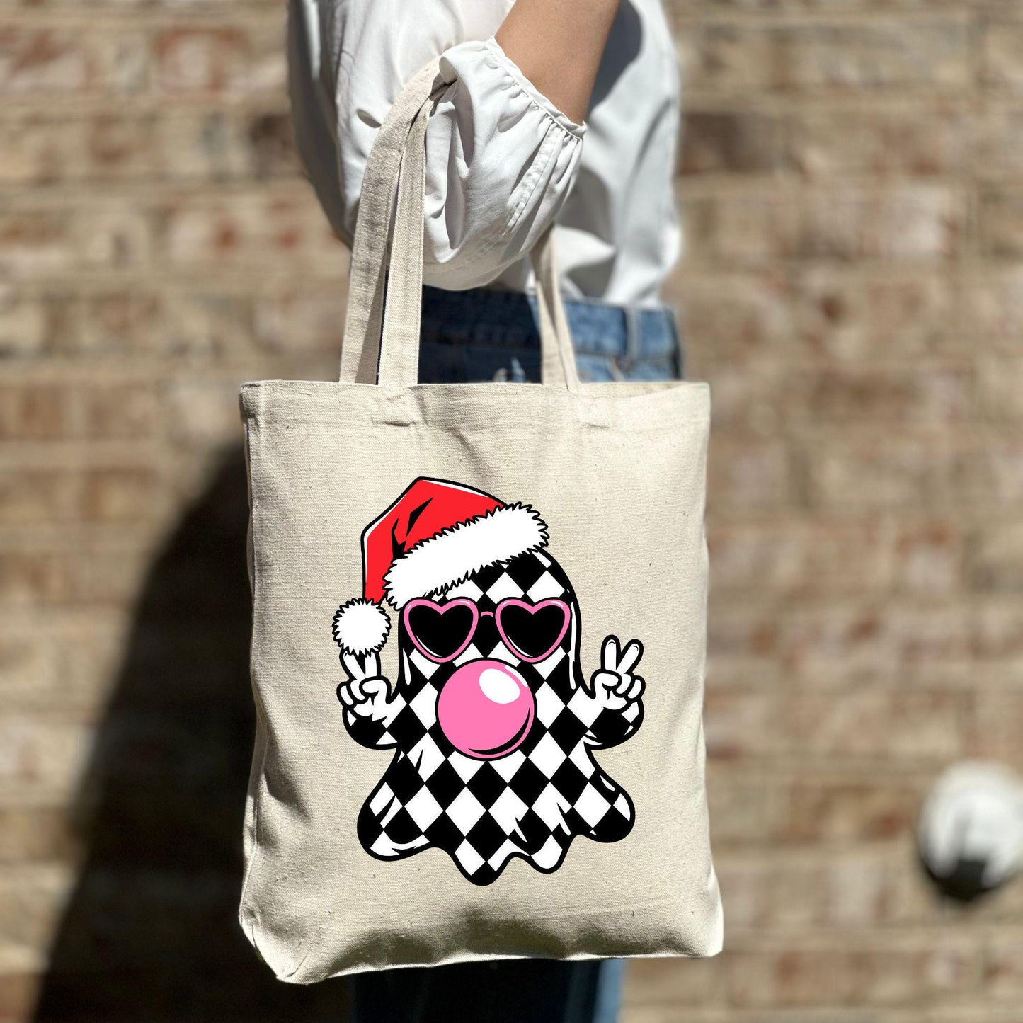 Funny Christmas Ghost Tote Bag, Xmas Ghost with Santa Hat & Peace Sign Tote Bag, Christmas Gift Bag, Xmas Vacation Tote Bag, Gift Tote Bag