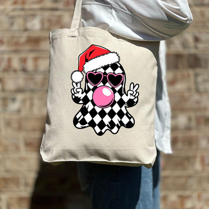 Funny Christmas Ghost Tote Bag, Xmas Ghost with Santa Hat & Peace Sign Tote Bag, Christmas Gift Bag, Xmas Vacation Tote Bag, Gift Tote Bag