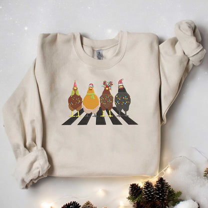 ?ute Christmas Chickens Sweatshirt Embroidered Christmas Farm Animals Sweatshirt Womens Christmas Chicken Sweatshirt Christmas Gift