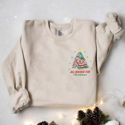 Embroidered Book Tree Christmas Sweater All Booked For Christmas Sweatshirt Gift for Book Lover, Gift For Teachers Librarian Teacher Bookish