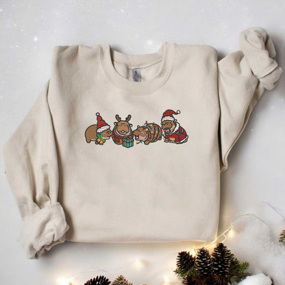 Embroidered Moo Deng Sweatshirt Baby Pygmy Hippo Moo Deng Sweatshirt Moo Deng Christmas Sweater Trendy Christmas Costume Xmas Gift