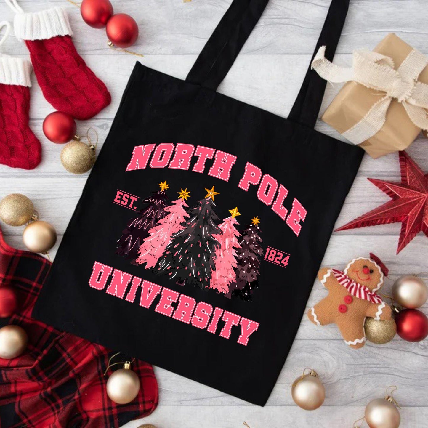 North Pole University Christmas Tote Bag, Christmas Cute Tote Bag, Holiday Bag, Christmas Gift Bag,Vacation Tote Bag,Christmas Gift Tote Bag