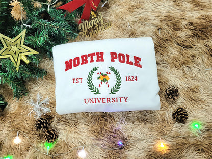 Embroidered Sweatshirt North Pole University, Christmas Embroidered Sweatshirt, Christmas Gift, Christmas Outfit, Embroidery Sweatshirt