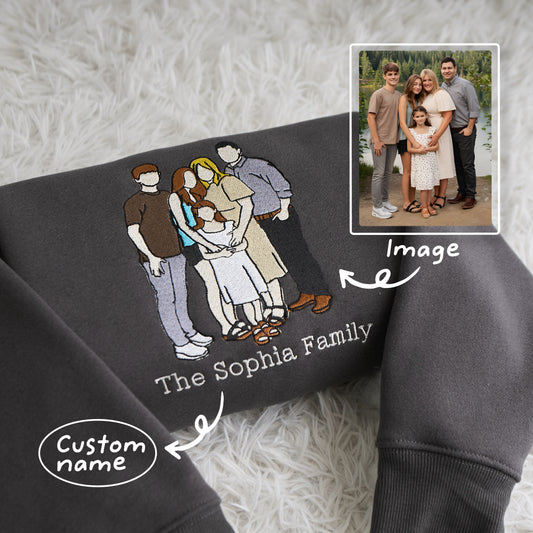 Custom Photo Family Name Portrait Photo Your Family - Embroidered Sweatshirt, T-shirt, Hoodie